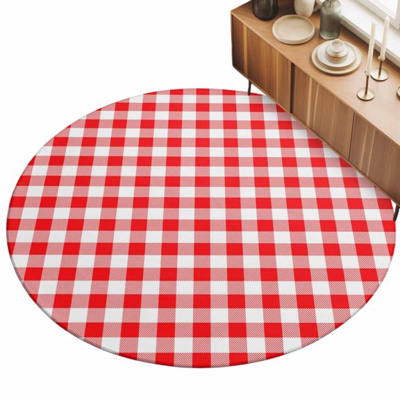 Round Area Rug - 3ft Rustic Red White Buffalo Plaid Non Slip Washable Circle Carpet Soft Large Floor Rugs for Living Room Bedroom Nursery Office