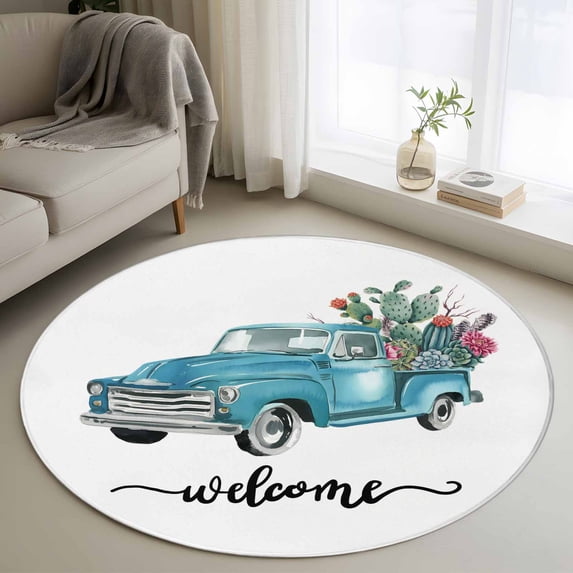 Round Area Rug 3ft,Rustic Truck Cacti Flower Washable Carpet Non-Slip Runner Accent Rugs Indoor Floor Mat for Bedroom Living Room Decor,Watercolor Farmhouse Theme