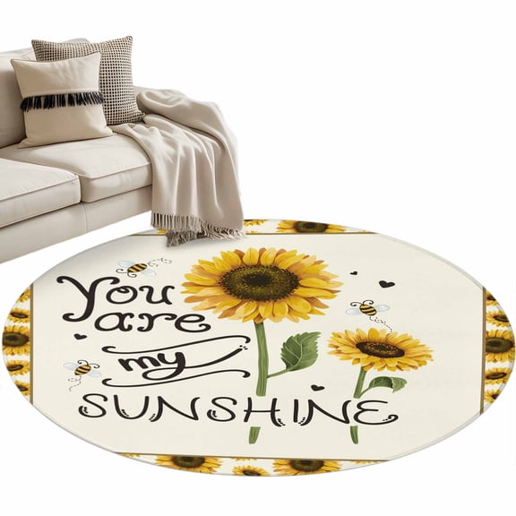 Round Area Rug-3ft SUNSHINE Sunflower Quotes Non Slip Washable Circle Carpet Soft Large Floor Rugs for Living Room Bedroom Nursery Office