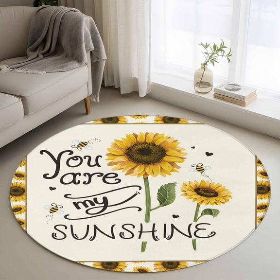 Round Area Rug 3ft,SUNSHINE Sunflower Quotes Washable Carpet Non-Slip Runner Accent Rugs Indoor Floor Mat for Bedroom Living Room Decor,Retro Yellow Floral