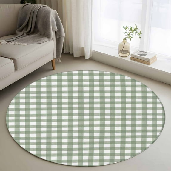 Round Area Rug 3ft, Sage Green Buffalo Plaid Non-slip Area Rugs for Living Room/Bedroom/Bathroom/Kitchen, Farmhouse Green White Checkered Washable Throw Floor Mat Indoor Outdoor Entrance Doormat