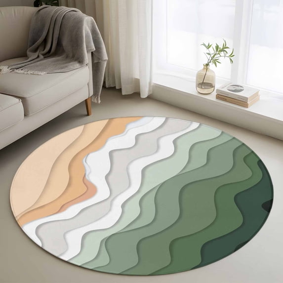 Round Area Rug 3ft,Sage Green Gradient Stripes Washable Carpet Non-Slip Runner Accent Rugs Indoor Floor Mat for Bedroom Living Room Decor,Summer Beach