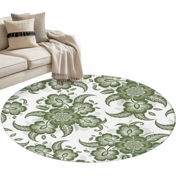 Round Area Rug 3ft Sage Green Paisley Floral Floor Carpets Indoor Floor Area Mat Stain-Proof Mat Circle Rugs for Living Room Dining Room Kitchen Bedroom, Vintage Ethnic Flower Sofa Throw Carpet