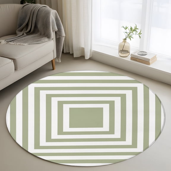 Round Area Rug 3ft Sage Green Square Stripe Area Rugs Washable Low Pile Floor Carpet for Bedroom, Modern Minimalist Style Non Slip Soft Rugs for Living Room Entryway Dining Room