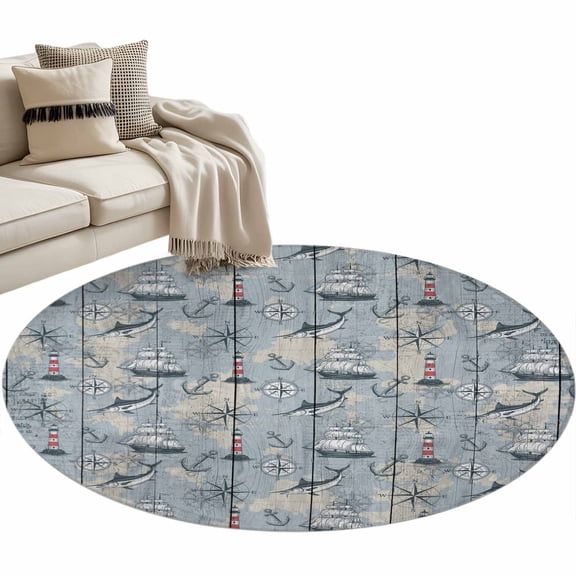 Round Area Rug 3ft, Sailing Anchor Compass Fish Non-Slip Non-Shedding Floor Mat, Retro Wood Plank Nautical Theme Washable Sturdy Carpet for Living Room Bedroom Home Decor