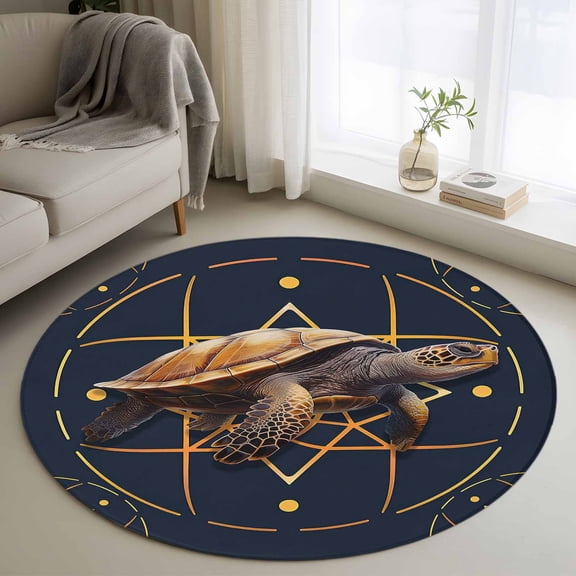 Round Area Rug 3ft Sea Turtle Circle Kitchen Mats Non-Slip Black Background Washable Round Carpet for Kitchen Living Room Bedroom Home Decor
