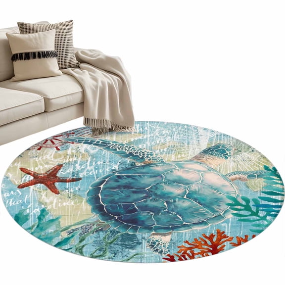 Round Area Rug 3ft Sea Turtle Floor Carpets Indoor Floor Area Mat Stain-Proof Mat Circle Rugs for Living Room Dining Room Kitchen Bedroom, Anchor Coral Ocean Marine Life Sofa Throw Carpet
