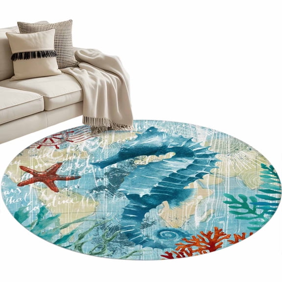 Round Area Rug 3ft Seahorse Floor Carpets Indoor Floor Area Mat Stain-Proof Mat Circle Rugs for Living Room Dining Room Kitchen Bedroom, Anchor Coral Ocean Marine Life Sofa Throw Carpet