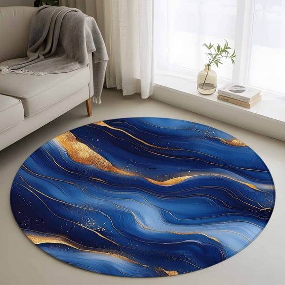 Round Area Rug 3ft, Seamless Abstract Wavy Line Non-Slip Non-Shedding Floor Mat, Gold Royal Blue Texture Washable Sturdy Carpet for Living Room Bedroom Home Decor