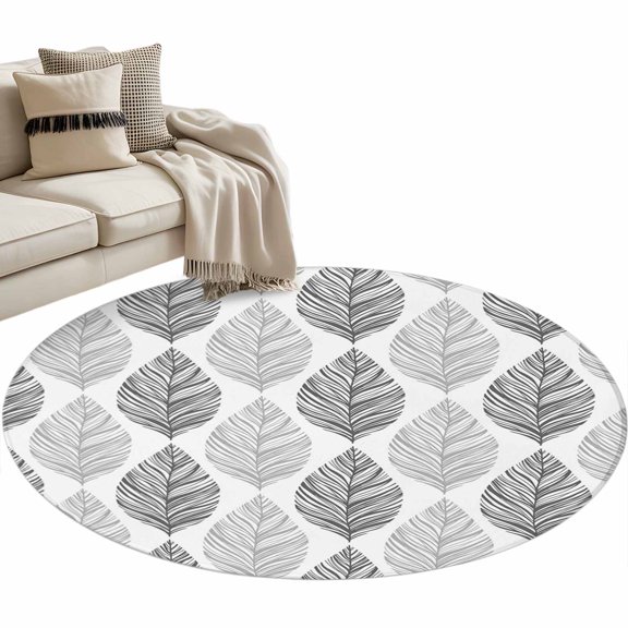 Round Area Rug-3ft Seamless Grey Leaves Texture Non Slip Washable Circle Carpet Soft Large Floor Rugs for Living Room Bedroom Nursery Office