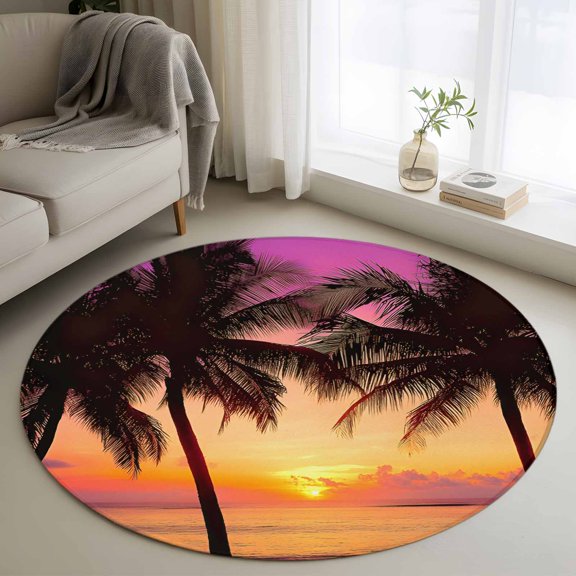 Round Area Rug 3ft Seaside Coconut Tree Beach Sunset Area Rugs Washable Low Pile Floor Carpet for Bedroom, Summer Purple Sky Non Slip Soft Rugs for Living Room Entryway Dining Room