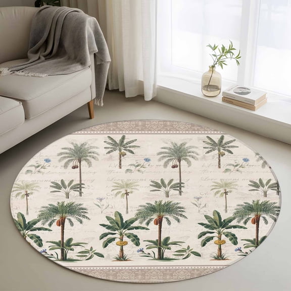 Round Area Rug 3ft, Serene Botanical Print Non-Slip Non-Shedding Floor Mat, Beige Border Weathered Textures Washable Sturdy Carpet for Living Room Bedroom Home Decor