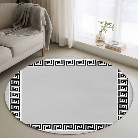 Round Area Rug 3ft,Simplistic Greek Geometric Black White Washable Carpet Non-Slip Runner Accent Rugs Indoor Floor Mat for Bedroom Living Room Decor,Grey