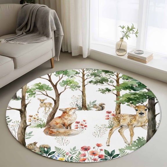 Round Area Rug 3ft, Small Deer Fox Squirrels Flowers Non-Slip Non-Shedding Floor Mat, Green Leaves Forest Washable Sturdy Carpet for Living Room Bedroom Home Decor