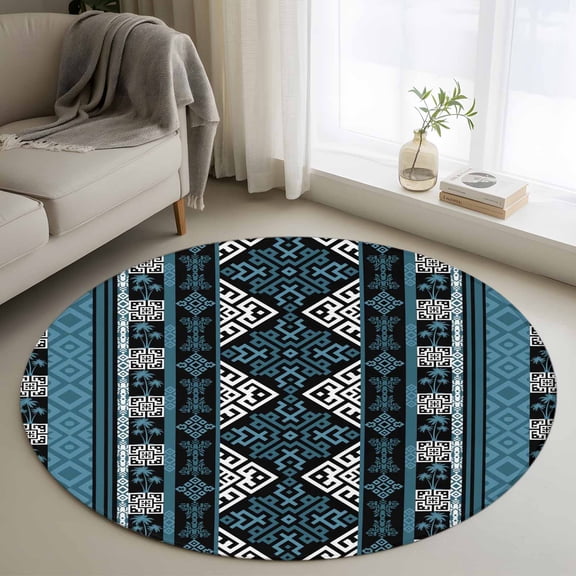 Round Area Rug 3ft, Southwestern Aztec Blue Geometric Non-Slip Non-Shedding Floor Mat, Vintage Tribal Pattern Washable Sturdy Carpet for Living Room Bedroom Home Decor
