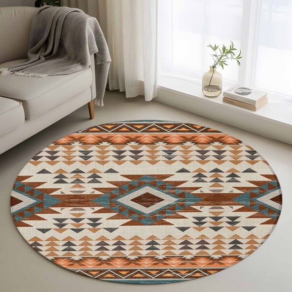 Round Area Rug 3ft, Southwestern Ethnic Geometric Art Non-Shedding Washable Area Rug, Rustic Tribal Native Arrows Non Slip Low-Profile Circle Rugs for Living Room, Bedroom Dining Room