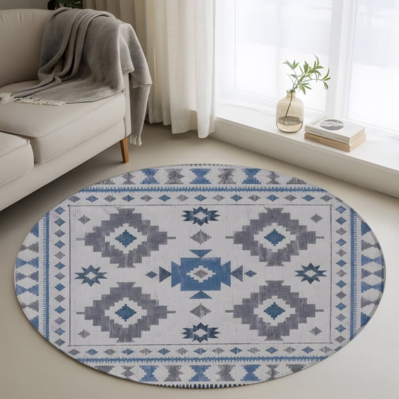 Round Area Rug 3ft, Southwestern Tribal Geometric Non-Slip Non-Shedding Floor Mat, Retro Aztec Blue Diamond Washable Sturdy Carpet for Living Room Bedroom Home Decor