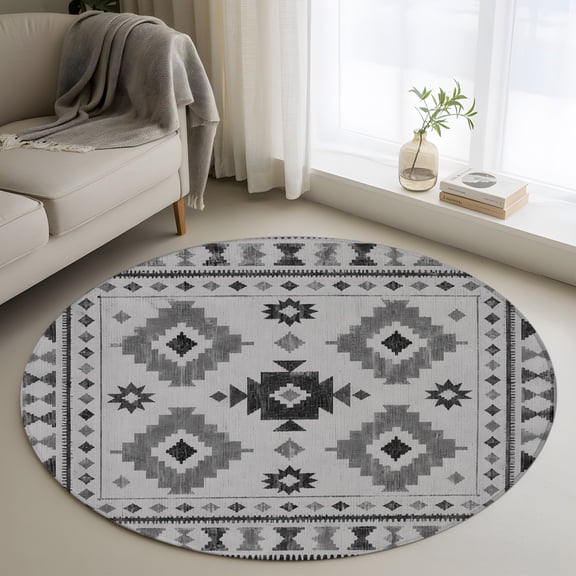 Round Area Rug 3ft, Southwestern Tribal Geometric Non-Slip Non-Shedding Floor Mat, Retro Aztec Gray Diamond Washable Sturdy Carpet for Living Room Bedroom Home Decor