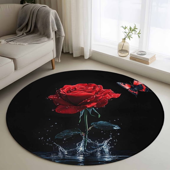 Round Area Rug 3ft,Splash Drop Red Rose Butterfly on Black Washable Carpet Non-Slip Runner Accent Rugs Indoor Floor Mat for Bedroom Living Room Decor,Modern Abstract Art
