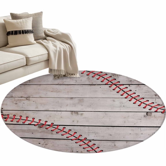 Round Area Rug-3ft Sports Baseball Texture Red Lines Non Slip Washable Circle Carpet Soft Large Floor Rugs for Living Room Bedroom Nursery Office