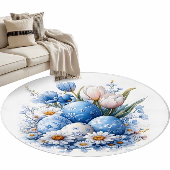 Round Area Rug 3ft, Spring Blue Easter Egg on White Non-Slip Non-Shedding Floor Mat, Colorful Flower Leaves Washable Sturdy Carpet for Living Room Bedroom Home Decor