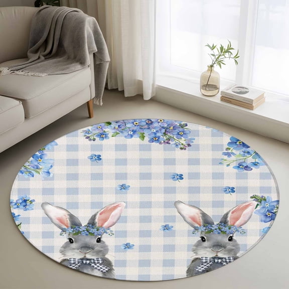 Round Area Rug 3ft, Spring Blue Flower Rabbit Non-Slip Non-Shedding Floor Mat, Retro Buffalo Plaid Pastoral Floral Washable Sturdy Carpet for Living Room Bedroom Home Decor
