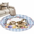 thumbnail image 1 of Round Area Rug 3ft, Spring Easter Rabbit Eggs Chicken Non-Slip Non-Shedding Floor Mat, Flower Butterfly on Blue Grid Washable Sturdy Carpet for Living Room Bedroom Home Decor, 1 of 9