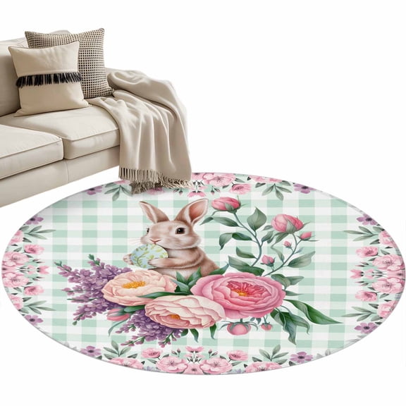 Round Area Rug 3ft, Spring Easter Rabbits Egg Non-Slip Non-Shedding Floor Mat, Country Floral Green Plaid Washable Sturdy Carpet for Living Room Bedroom Home Decor