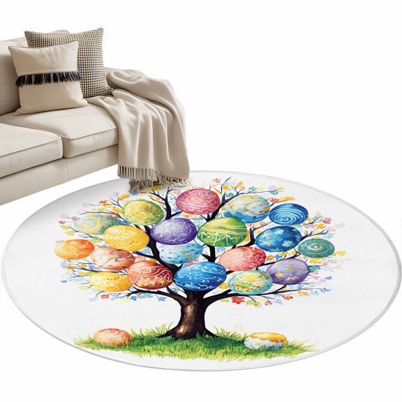 Round Area Rug 3ft, Spring Easter Watercolor Egg Tree Non-Slip Non-Shedding Floor Mat, Colorful Eggs Flower Grass Washable Sturdy Carpet for Living Room Bedroom Home Decor