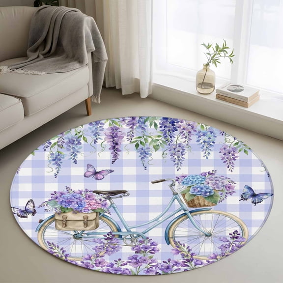 Round Area Rug 3ft,Spring Embroidered Balls Bike Washable Carpet Non-Slip Runner Accent Rugs Indoor Floor Mat for Bedroom Living Room Decor,Purple White Plaid