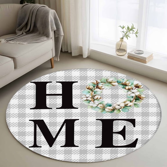 Round Area Rug 3ft,Spring Eucalyptus Leaf Wreath Home Quote Gray Plaid Washable Carpet Non-Slip Runner Accent Rugs Indoor Floor Mat for Bedroom Living Room Decor,Farm Cotton Leaves