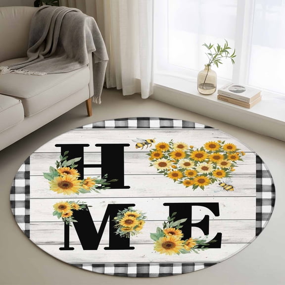Round Area Rug 3ft,Spring Farm Sunflowers Home Quotes Washable Carpet Non-Slip Runner Accent Rugs Indoor Floor Mat for Bedroom Living Room Decor,Black White Plaid