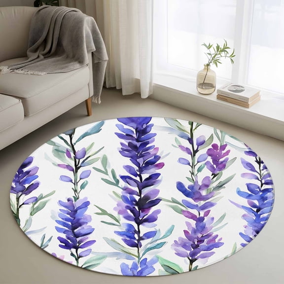 Round Area Rug 3ft Spring Flower Circle Kitchen Mats Non-Slip Purple Lavender Washable Round Carpet for Kitchen Living Room Bedroom Home Decor