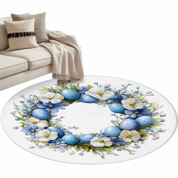 Round Area Rug 3ft, Spring Flower Easter Blue Egg on White Non-Slip Non-Shedding Floor Mat, Watercolor Plant Washable Sturdy Carpet for Living Room Bedroom Home Decor