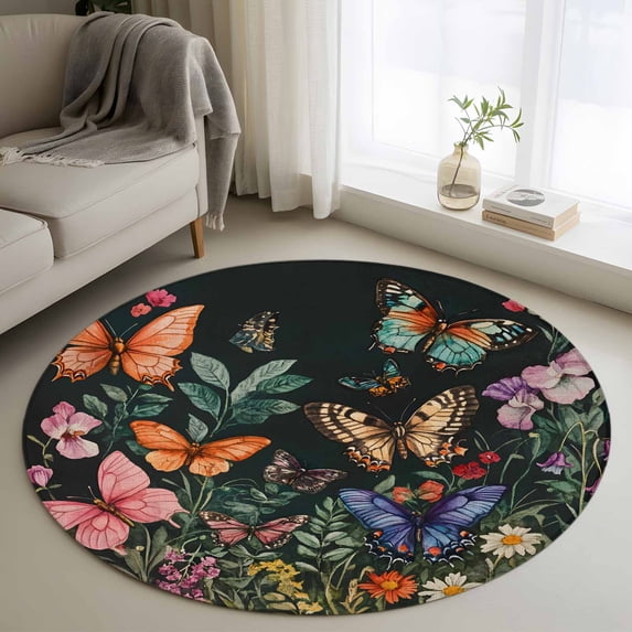 Round Area Rug 3ft Spring Flower Leaves Circle Kitchen Mats Non-Slip Vintage Butterfly Washable Round Carpet for Kitchen Living Room Bedroom Home Decor