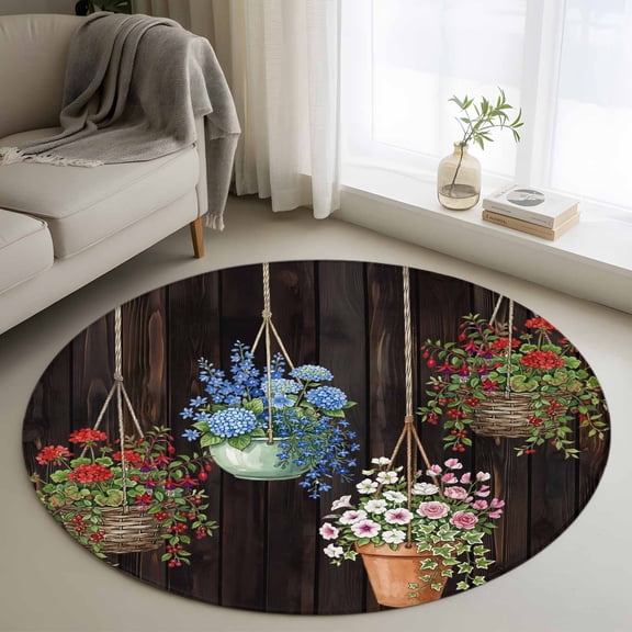 Round Area Rug 3ft, Spring Flowers Embroidery Balloons Non-Shedding Washable Area Rug, Brown Wood Patterns Non Slip Low-Profile Circle Rugs for Living Room, Bedroom Dining Room