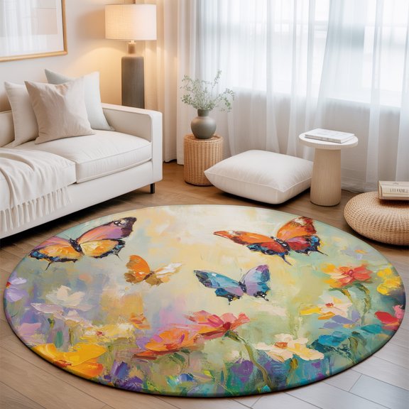 Round Area Rug - 3ft Spring Garden Flower Butterfly Non Slip Washable Circle Carpet Soft Large Floor Rugs for Living Room Bedroom Nursery Office