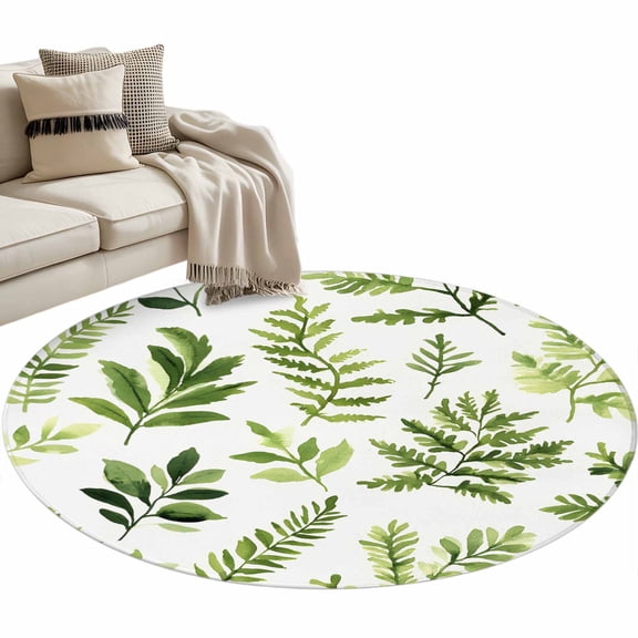 Round Area Rug 3ft, Spring Pastoral Gradient Herb Non-Slip Non-Shedding Floor Mat, Farmhouse Green Plant Leaves Washable Sturdy Carpet for Living Room Bedroom Home Decor