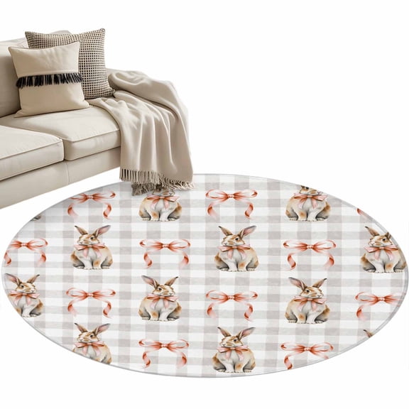 Round Area Rug 3ft, Spring Rabbit Orange Bow Non-Slip Non-Shedding Floor Mat, Easter Theme Gray Checkered Washable Sturdy Carpet for Living Room Bedroom Home Decor