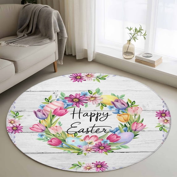Round Area Rug 3ft, Spring Tulip Colorful Flower Non-Shedding Washable Area Rug, Easter Egg Rustic Wood Board Non Slip Low-Profile Circle Rugs for Living Room, Bedroom Dining Room