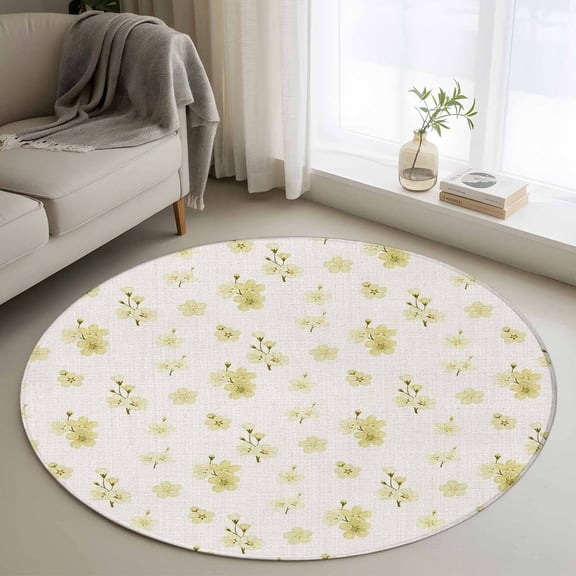 Round Area Rug 3ft,Spring Yellow Cherries Flowers Washable Carpet Non-Slip Runner Accent Rugs Indoor Floor Mat for Bedroom Living Room Decor,Vintage Country Floral Art