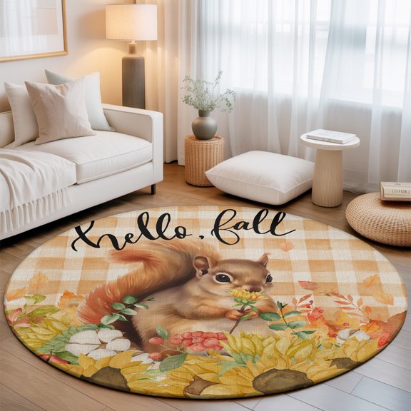 Round Area Rug - 3ft Squirrel Sunflower Fall Thanksgiving Non Slip Washable Circle Carpet Soft Large Floor Rugs for Living Room Bedroom Nursery Office