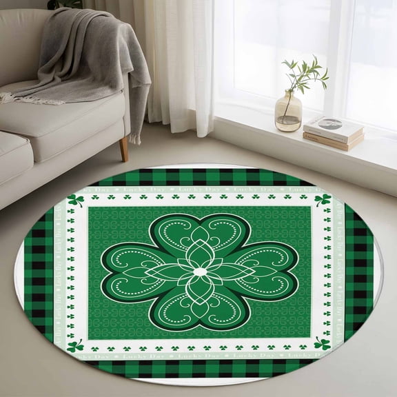 Round Area Rug 3ft, St. Patrick's Day Celtic Knots Lucky Shamrock Non-Slip Non-Shedding Floor Mat, Buffalo Plaid Washable Sturdy Carpet for Living Room Bedroom Home Decor