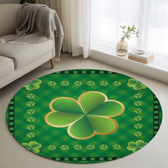 Round Area Rug 3ft, St. Patrick's day Celtic Knots Lucky Green Clover Non-Slip Non-Shedding Floor Mat, Buffalo Plaid Washable Sturdy Carpet for Living Room Bedroom Home Decor
