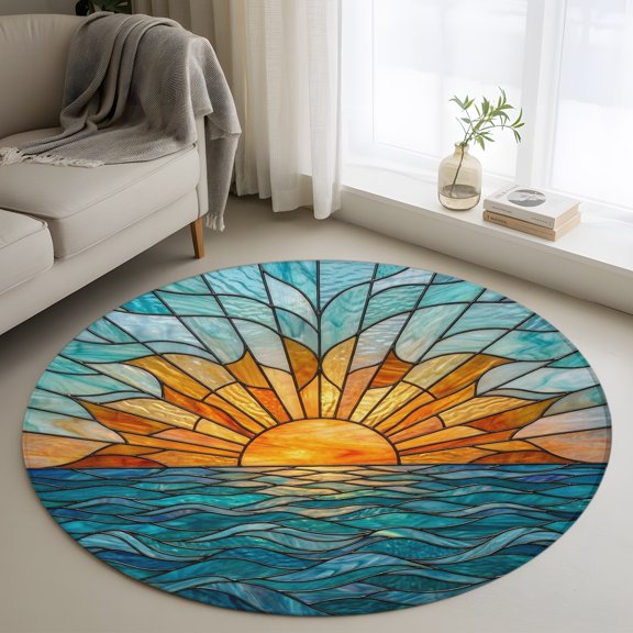 Round Area Rug 3ft Stained Glass Sunset Area Rugs Washable Low Pile Floor Carpet for Bedroom, Ocean Waves Landscape Non Slip Soft Rugs for Living Room Entryway Dining Room