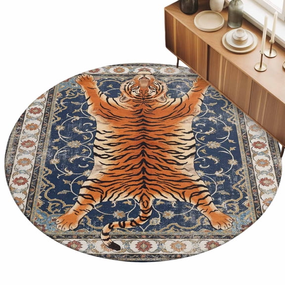 Round Area Rug 3ft Striking Tiger Carpets Indoor Floor Area Mat Stain-Proof Mat Circle Rugs for Living Room Dining Room Kitchen Bedroom, Navy Blue Bohemian Flower Animal Print Sofa Throw Carpet
