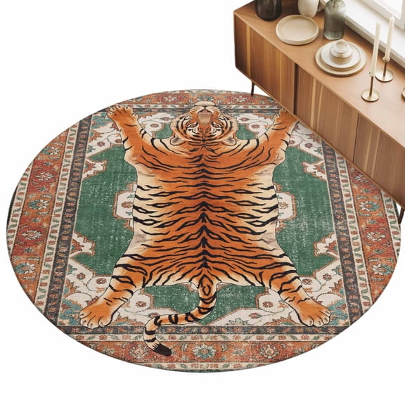 Round Area Rug 3ft Striking Tiger Floor Carpets Indoor Floor Area Mat Stain-Proof Mat Circle Rugs for Living Room Dining Room Kitchen Bedroom, Green Bohemian Flower Animal Print Sofa Throw Carpet
