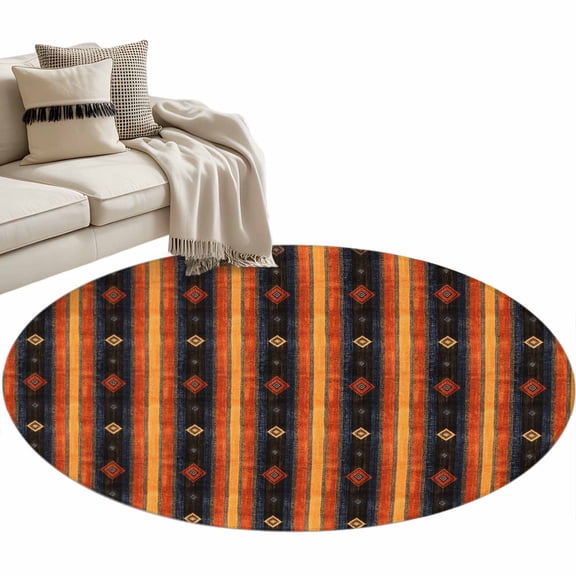 Round Area Rug-3ft Striped Southwest Ethnic Trial Style Non Slip Washable Circle Carpet Soft Large Floor Rugs for Living Room Bedroom Nursery Office