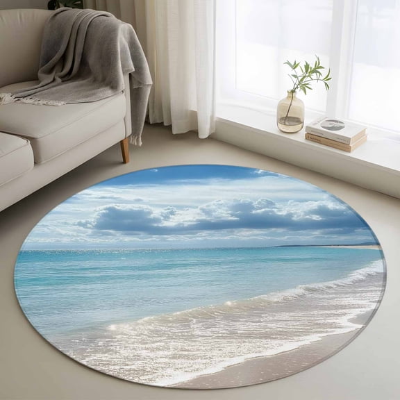 Round Area Rug 3ft,Summer Beach Seaside Sky Cloud Washable Carpet Non-Slip Runner Accent Rugs Indoor Floor Mat for Bedroom Living Room Decor,Ocean Natural Scenery