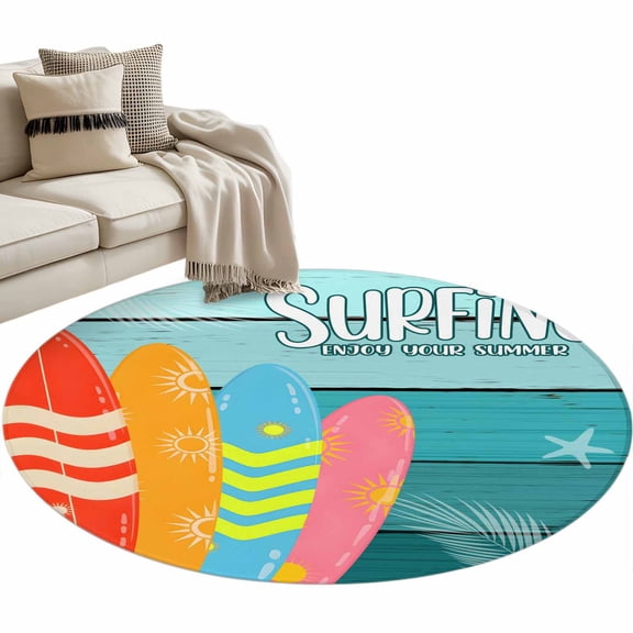 Round Area Rug 3ft, Summer Beach Surfboard Non-Slip Non-Shedding Floor Mat, Teal Gradient Wood Board Washable Sturdy Carpet for Living Room Bedroom Home Decor